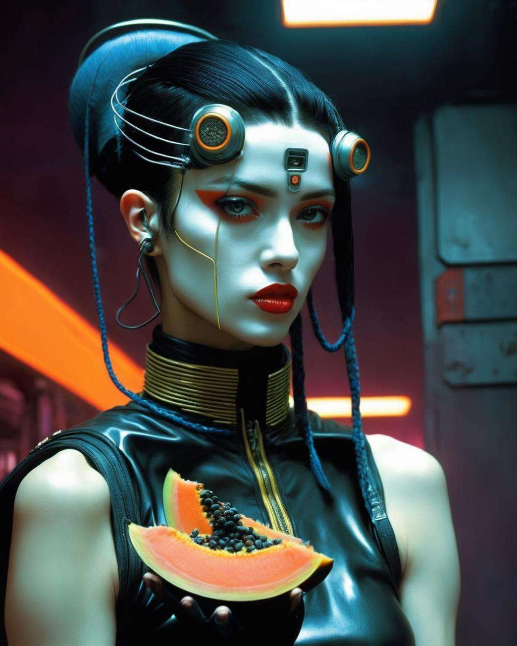 a woman with a papaya-whip  skin, Enki Bilal, cyberpunk art, space girl<lora:space_girl:1.0>
