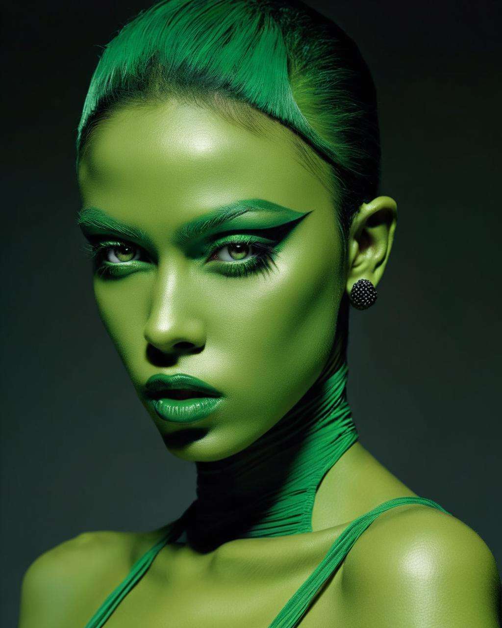 a woman with a green  skin, Enki Bilal, fashion photography ,<lora:space_girl:1.0>