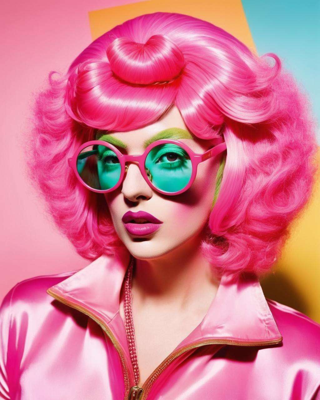 a woman with pink hair and glasses  and wearing a pink wig and glasses, David LaChapelle, hypermaximalist, a character portrait, neo-fauvism<lora:space_girl:1.0>