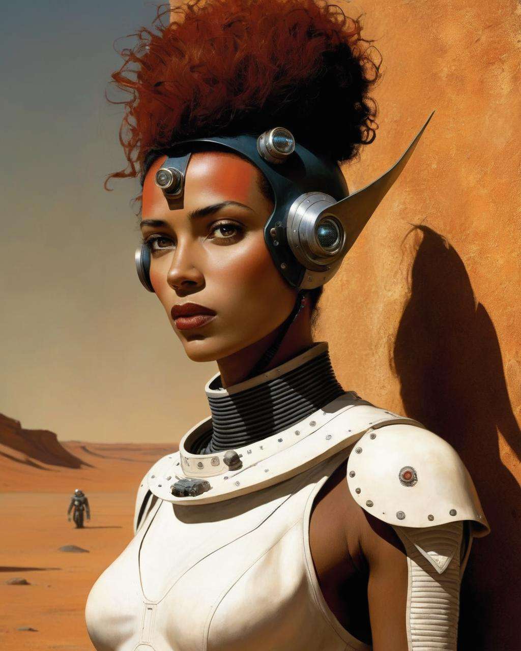 a woman with a tenné-(tawny)  skin, Enki Bilal, sci-fi art, space girl<lora:space_girl:1.0>