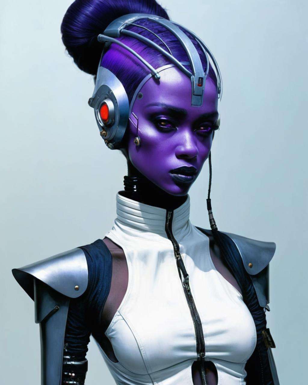 a woman with a han-purple  skin, Enki Bilal, cyberpunk art, space girl<lora:space_girl:1.0>