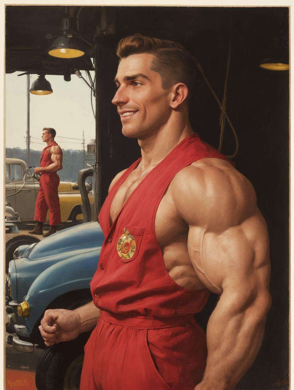 (GS-Masculine:1) (one male), (front side view), (looking at viewer), (standing:1.25) Very detailed youthful face, heroic, detailed realistic open eyes, (muscular:1.5), bodybuilder, (big muscles), (hyper pecs), (hairy pecs), hypermuscle, narrow waist and hips (slight smile). Realistic, photoreal, high definition, high contrast, high saturation, highly detailed, high quality, masterpiece, volumetric light, vibrant colors, exquisite illustration. In the style of (norman rockwell), 1950s gasstation, mechanic, jumpsuit