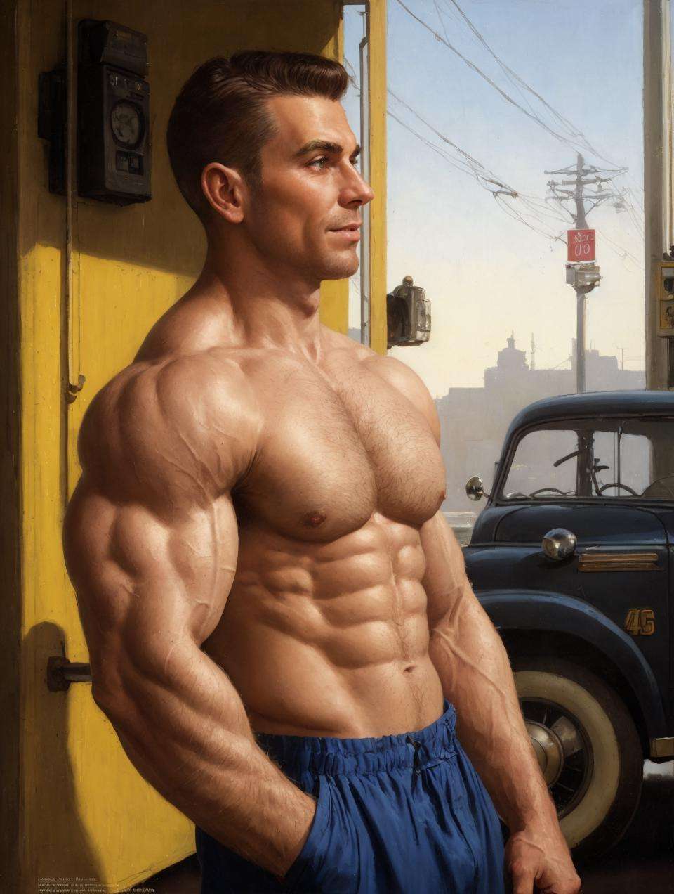 (GS-Masculine:1) (one male), (front side view), (looking at viewer), (standing:1.25) Very detailed youthful face, heroic, detailed realistic open eyes, (muscular:1.5), bodybuilder, (big muscles), (hyper pecs), (hairy pecs), hypermuscle, narrow waist and hips (slight smile). Realistic, photoreal, high definition, high contrast, high saturation, highly detailed, high quality, masterpiece, volumetric light, vibrant colors, exquisite illustration. In the style of (norman rockwell), 1950s gasstation, mechanic, jumpsuit