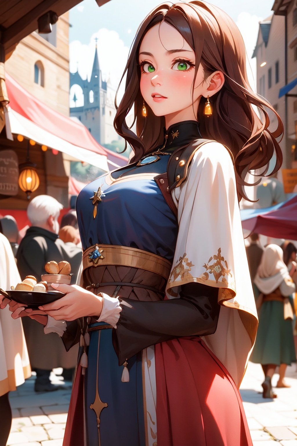 Bokeh, raw, dappled light on a woman in a attractive woman with small breasts, green eyes, collected light brown hair, wearing an intricate peasant dress in medieval times, buying fabrics in a medieval market, (background: medieval market with merchants and crowd in the background, medieval buildings), realistic, atmospheric, light flares, intricate details, enhanced lighting, dramatic overhead lighting, cute, shallow depth of field, intricate details, god rays,Renaissance style,Renaissance