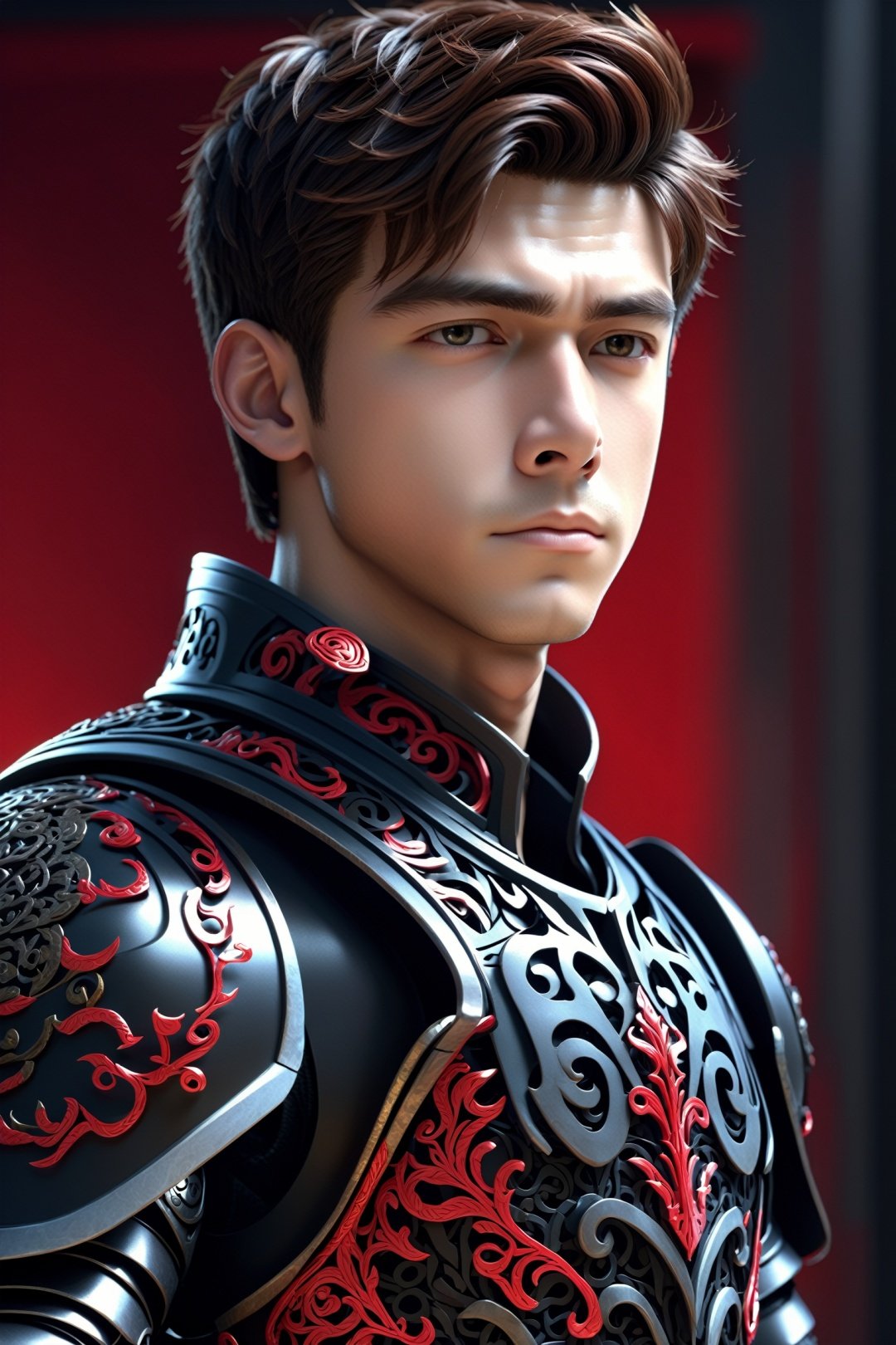 front_view, masterpiece, best quality, photorealistic, raw photo, (1boy, handsome, looking at viewer), mechanical black armor, intricate armor, delicate red filigree, intricate filigree, black metalic parts, detailed part, dynamic pose, detailed background, dynamic lighting