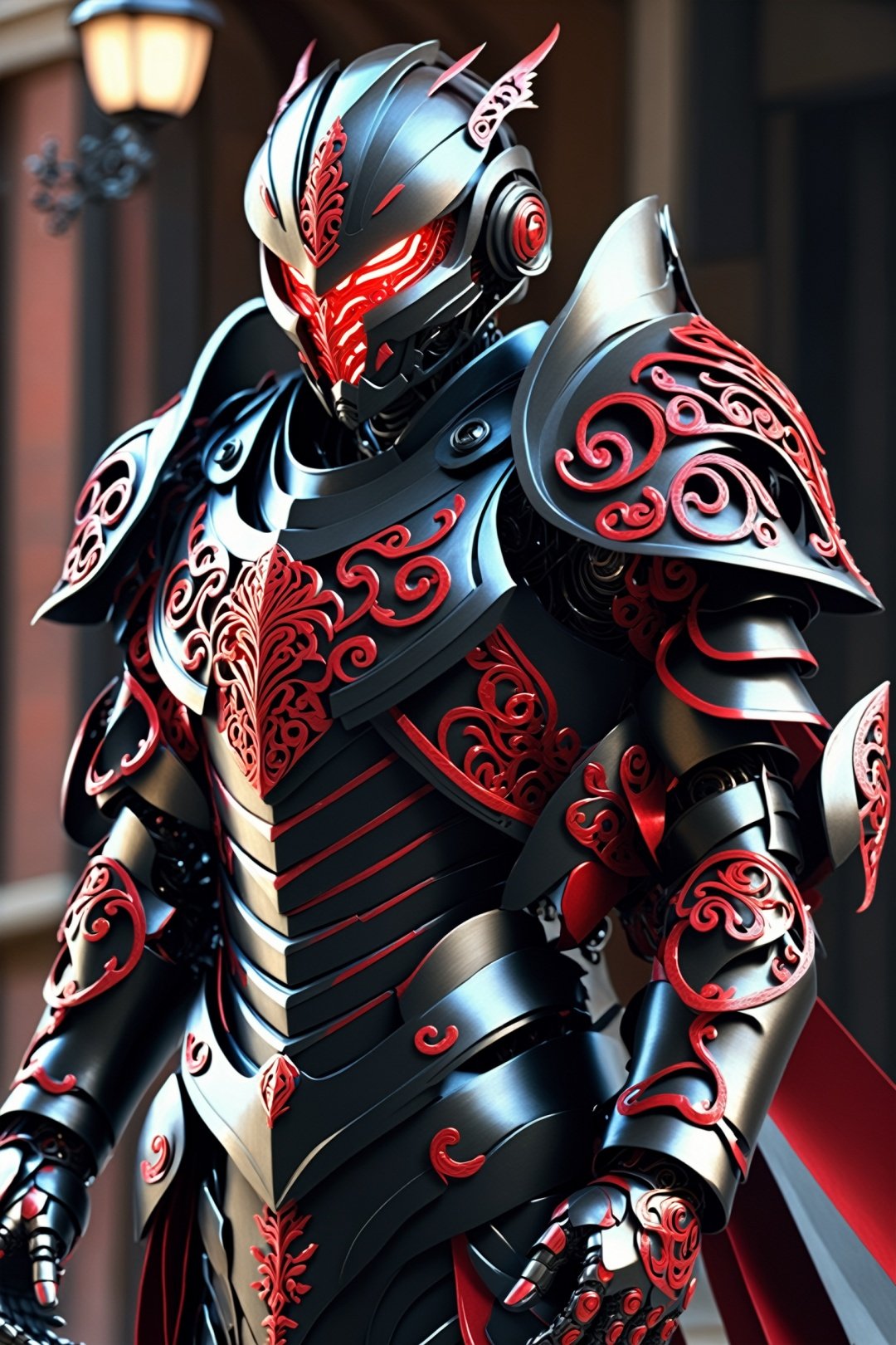 front_view, masterpiece, best quality, photorealistic, raw photo, (1boy, handsome, looking at viewer), mechanical black armor, intricate armor, delicate red filigree, intricate filigree, black metalic parts, detailed part, dynamic pose, detailed background, dynamic lighting