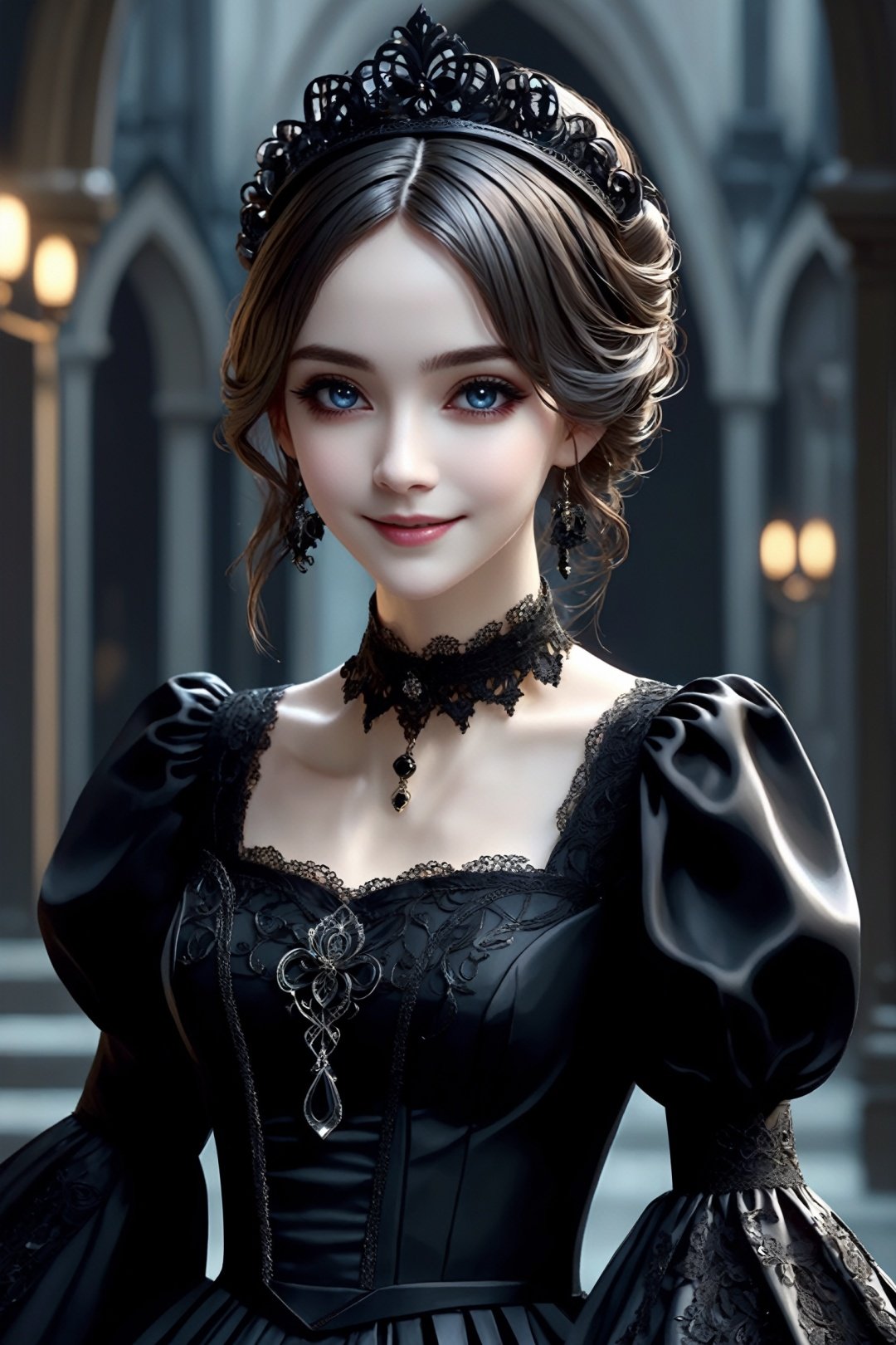 (masterpiece, top quality, best quality, official art, beautiful and aesthetic:1.2), (gothic_girl), light smile, black dress, intricate dress, highest detailed, zoom_out, perfect eyes, random hairstyle