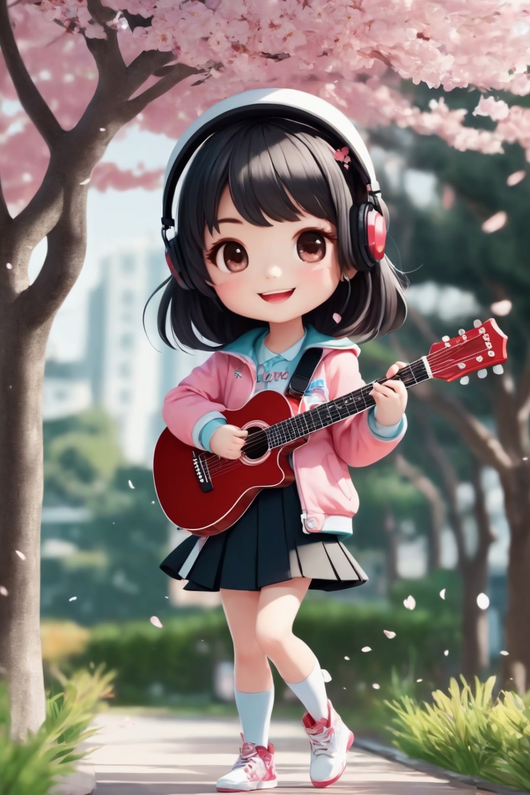 masterpiece, best quality, ultra detailed, full body, 1girl, chibi, cute, smile, open mouth, flower, outdoors, playing guitar, music, holding guitar, jacket, blush, tree, shirt, short hair, cherry blossoms, green headwear, blush stickers, long sleeves, bangs, headphones, black hair, pink flower, beautiful detailed face, beautiful detailed eyes