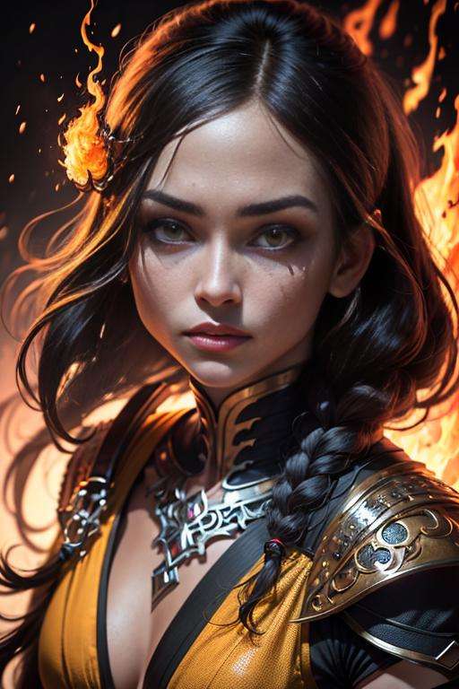 1girl, portrait of female cute mkscorpion battle with group of ninja, glowing yellow eyes, fire, orange, sparks, energy, aura, swirl fire, ornate, detail,  <lora:ARWmkscorpion:1>