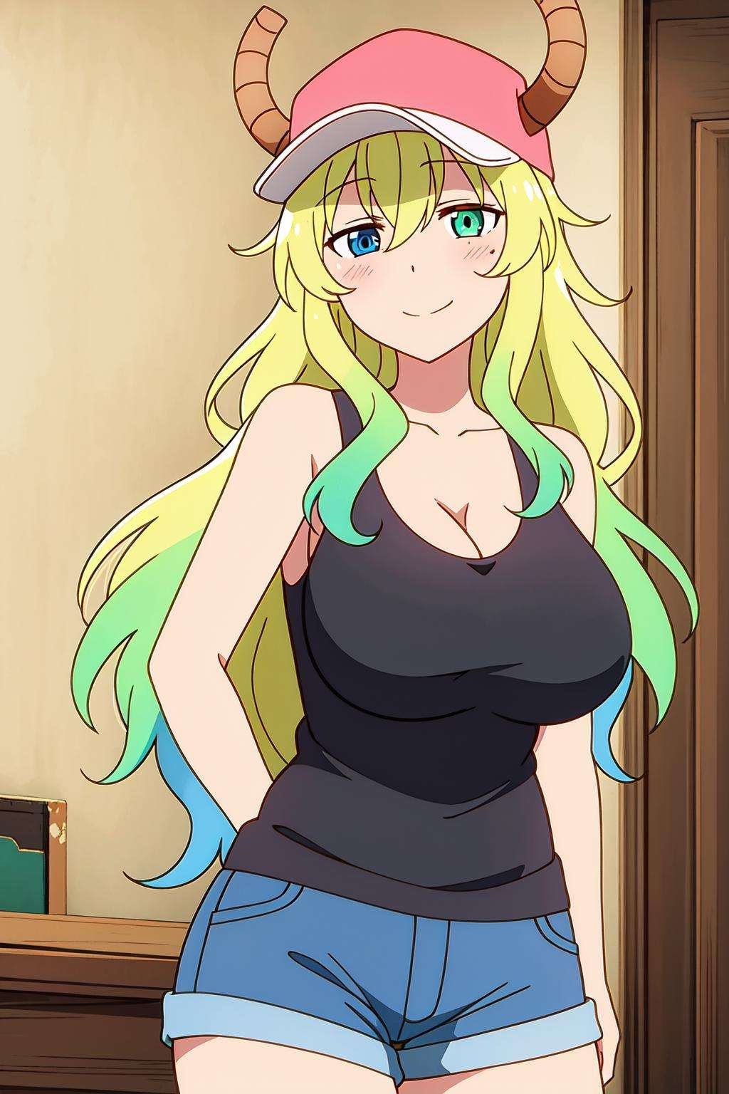 masterpiece, perfect lighting, (beautiful, best quality:1.3), perfect eyes, absurdres, 8k,1girl, solo, (absurdres), finely detail, smile,<lora:Lucoa Quetzalcoatl V2:0.6>, lucoa_quetzalcoatl, multicolored hair, (heterochromia:1.2), (blue eyes:1.1), dragon horns, dragon girl,  large breasts, multicolored hair, blonde hair,hat, cleavage, cowboy shot, short shorts, tank top, denim, baseball cap, 