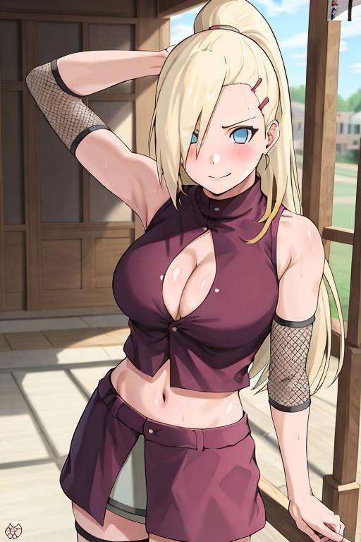 Best quality, absurdres, ultra-detailed, <lora:InoV5-1:1>, yamanaka_ino, 1girl, solo_focus, midriff, open_shirt, cleavage
