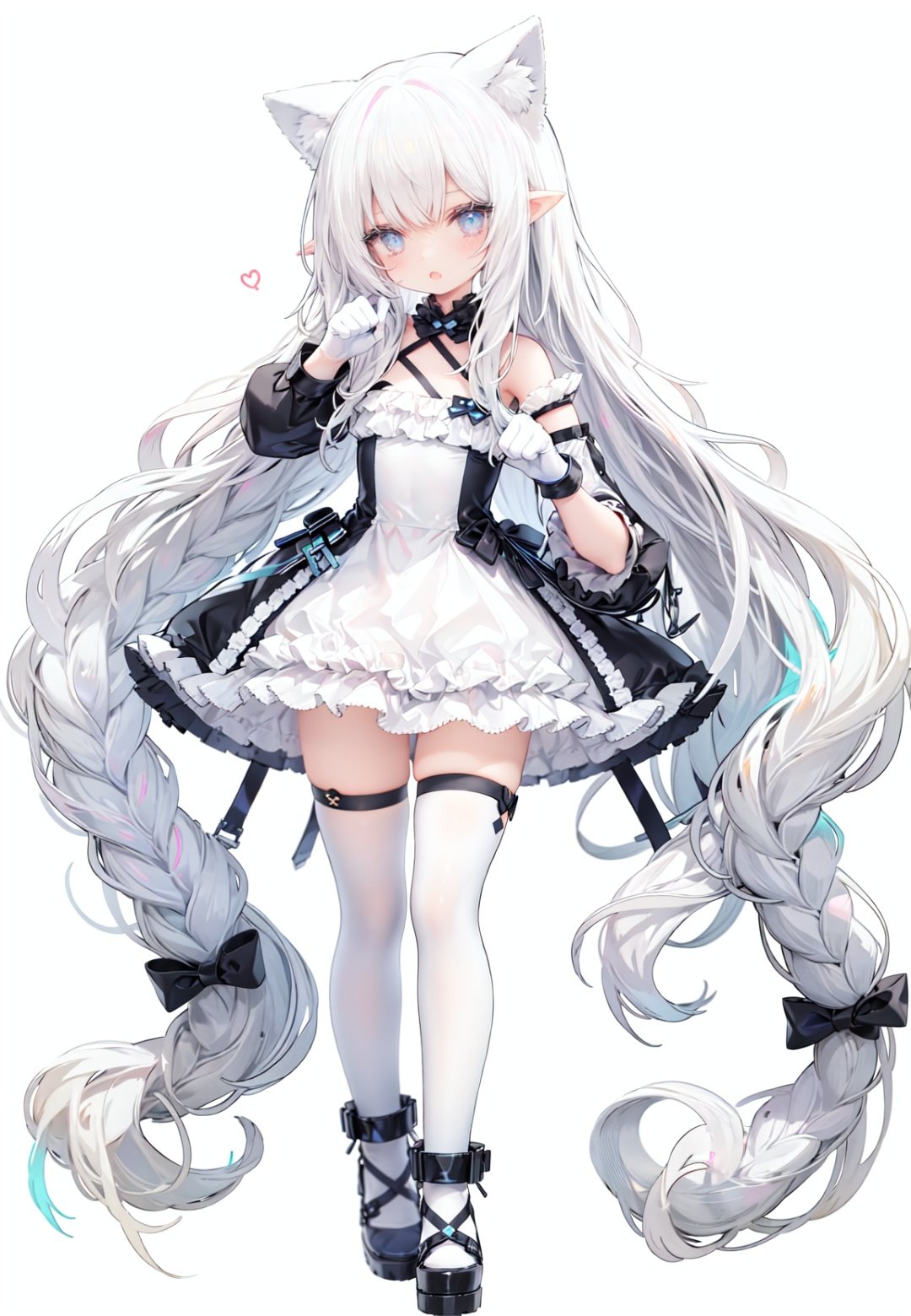 1girl, white_gloves, braid, full_body, gloves, long_hair, official_alternate_costume, pointy_ears, simple_background, solo, standing, very_long_hair, white_background,white hair,blue eyes,paw claw pose, open_mouth,