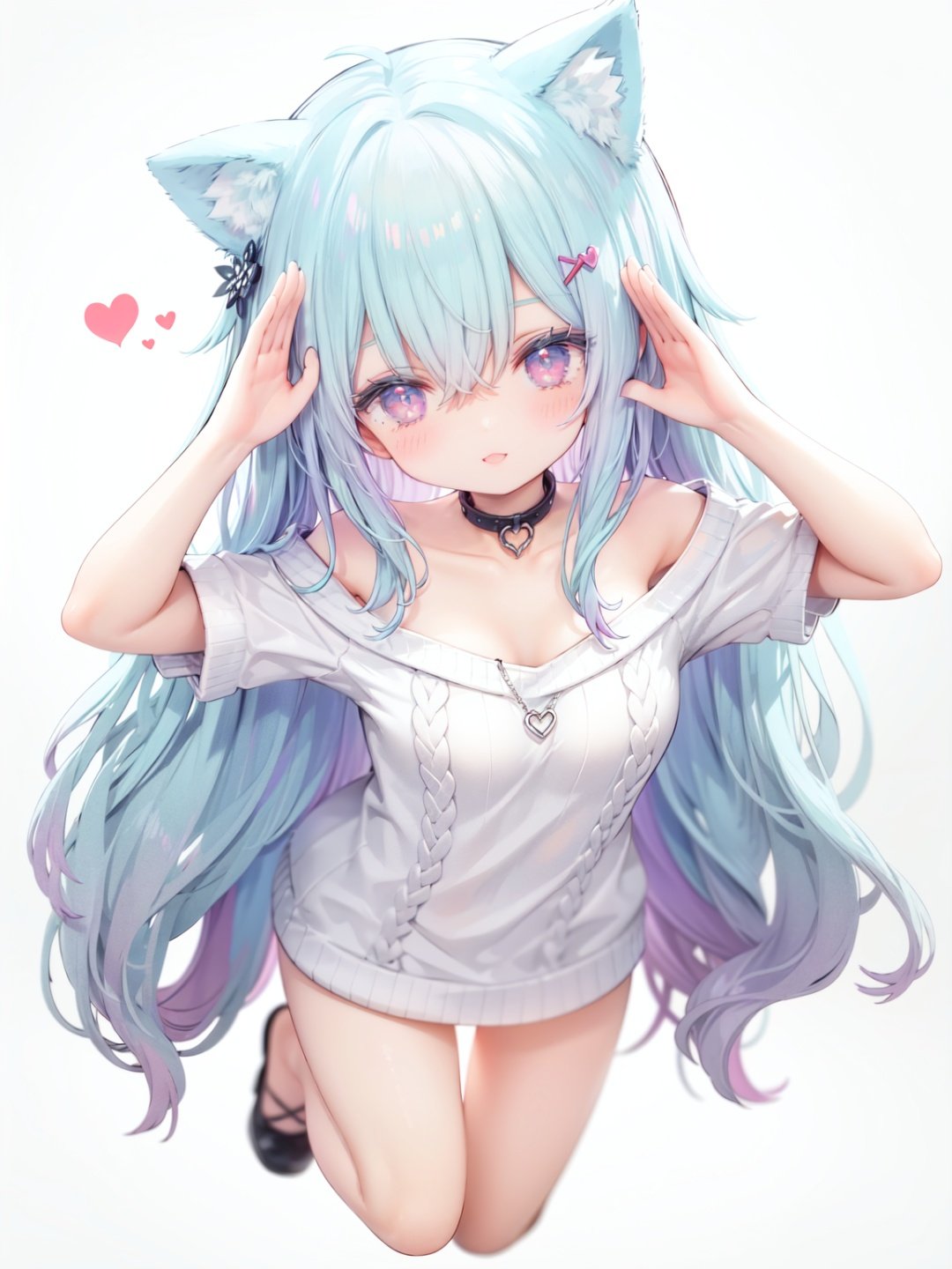 petite, loli, solo, animal ears, heart, puffy short sleeves, blue hair, long hair, off shoulder, bangs, hair ornament, gradient background,rainbow gradient, x hair ornament, animal ear fluff, looking at viewer, very long hair, blush, smile, cat ears, bare shoulders, collarbone, hand up, gradient sweater, hair between eyes, symbol-shaped pupils, arm up, heart-shaped pupils, hairclip, medium breasts, salute, bare legs,full body