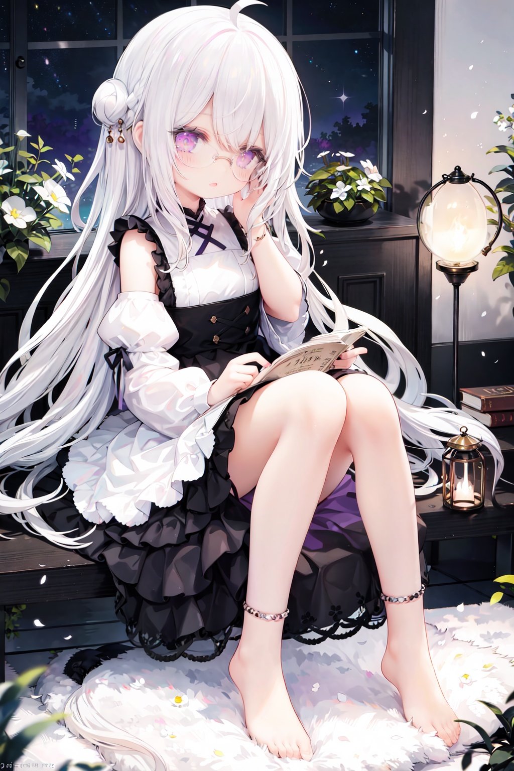 //,masterpiece, ((best quality)), (ultra-detailed), (illustration), an extremely delicate and beautiful, dynamic angle, chromatic aberration,((Medium shot)), ((colorful)),//,1girl,little girl,1girl,loli,petite,loli,looking away,Black rimmed glasses,dress,Constellation print,anklet,barefoot,sitting,(white hair:1.3),(long hair:1.3),ahoge,purple eyes,open mouth,(Dim light),classical,library, plant, Oil lamp,