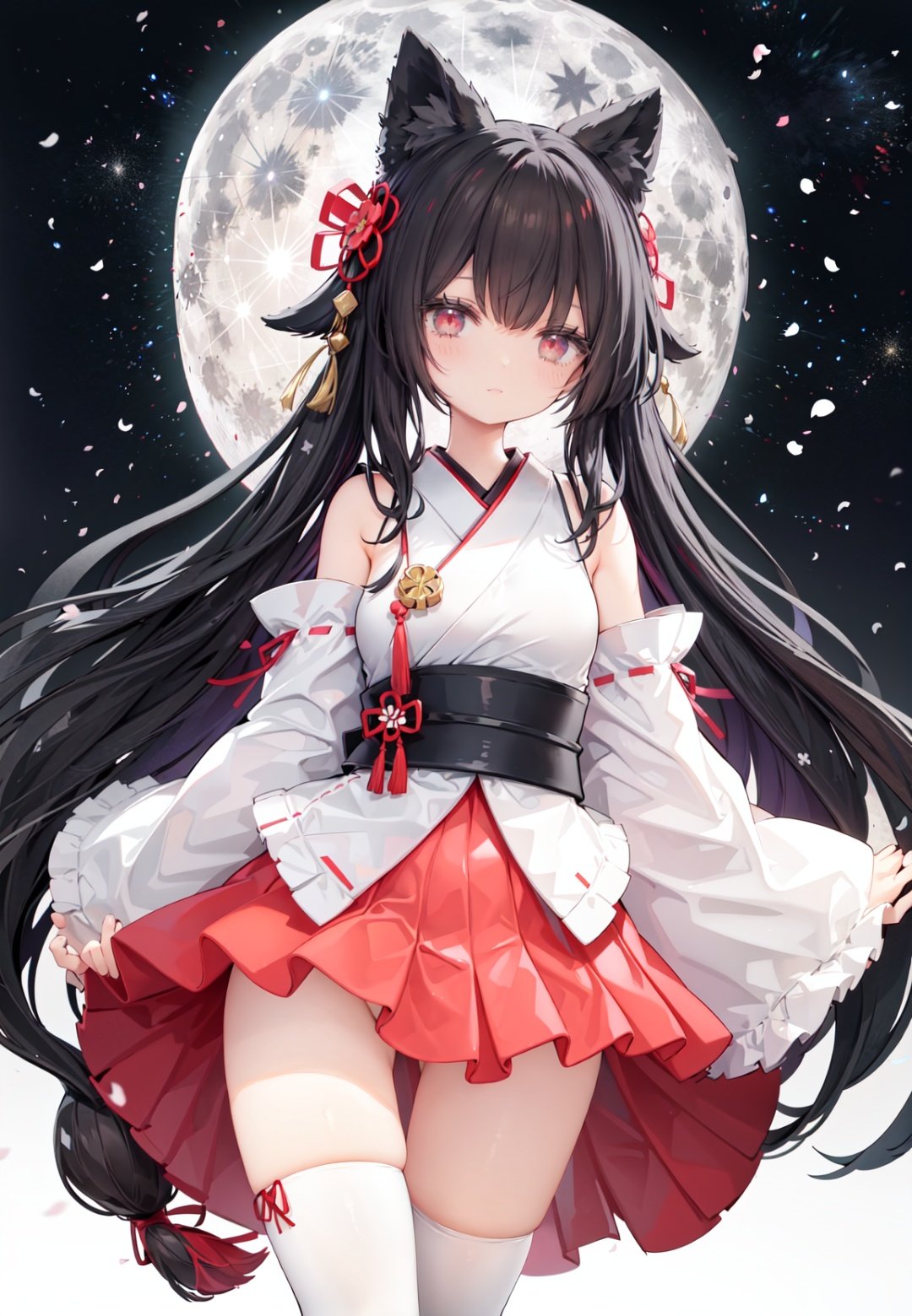 1girl, long hair, solo, thighhighs, black hair, hair ornament, moon, japanese clothes, skirt, detached sleeves, white thighhighs, miko, hakama short skirt, hair flower, very long hair, ribbon trim, ribbon-trimmed legwear, full moon, hakama skirt, hakama, brown eyes, outdoors, night, standing, looking at viewer, flower, hand on hip, tree, red skirt, sky, wide sleeves, smile, ribbon-trimmed sleeves, star (sky), fence, blush, bangs, zettai ryouiki, bare shoulders, night sky, red eyes, nontraditional miko, red hakama, thighs, closed mouth