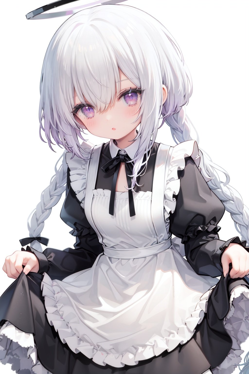 1girl, solo, apron, long hair, hair over one eye, white background, frills, braid, halo, long sleeves, dress, simple background, white hair, white apron, puffy sleeves, very long hair, frilled apron, maid, purple eyes, ribbon, parted lips, maid apron, bangs, juliet sleeves, black dress, neck ribbon, looking at viewer, single braid, blush