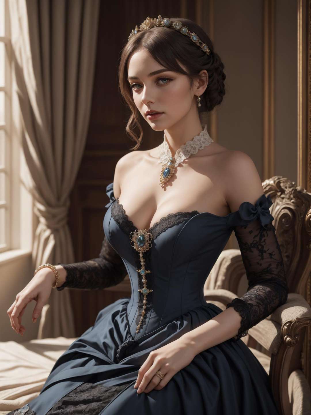 8k, highly detailed, solo, ((mature woman)), (victorian dress), <lora:victorian_dress-1.0:0.4>, brooch, lace, looking at viewer