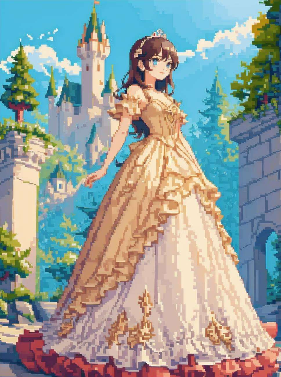 pixel-art beautiful girl, princess dress, castle <lora:princess_dress-1.0:0.8>  . low-res, blocky, pixel art style, 8-bit graphics