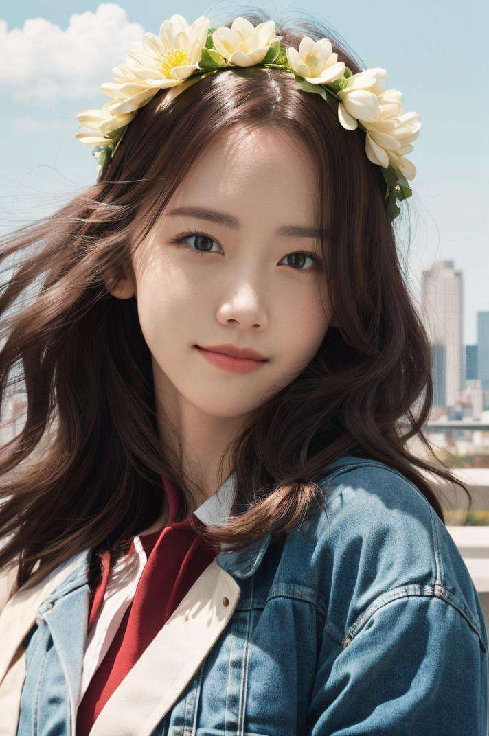 1girl, a young woman, upper body, (looking at viewer:1.3), (schoolgirl jacket), (flower crown), (beautiful city, beautiful sky background), natural skin color, (closed mouth:1.2), (medium breast), floating hair, beautiful expression, face detailed, eyes detailed, iris detailed, masterpiece, best quality, photorealistic, hyper realistic, ultra detailed, perfect lighting, depth of field, shadows, highres, <lora:snsdyoona:1>