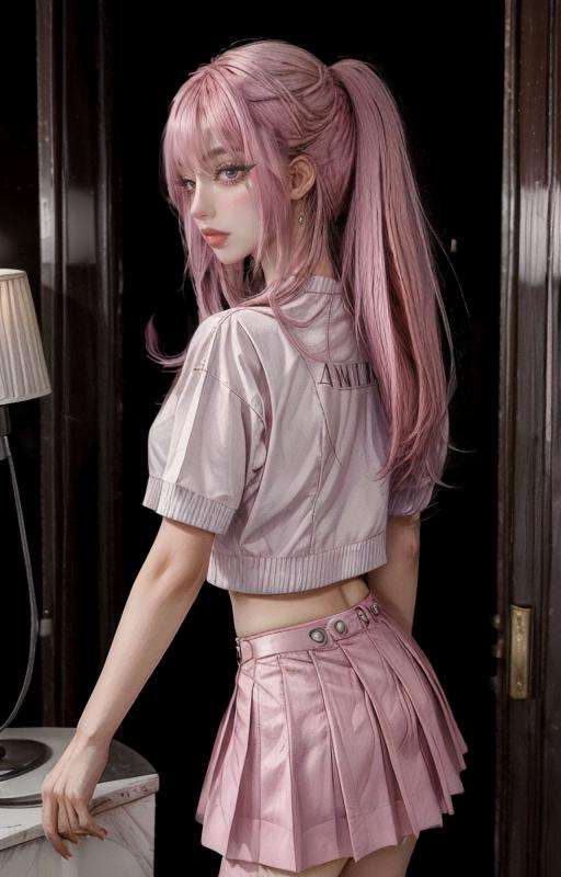 masterpiece, best quality,1girl,side_view,looking at viewer,long hair,egirl_outfit,egirl_face, <lora:egirl-07:0.6>,night,indoor,stand,pink hair, <lora:add_detail:1>,white skirt