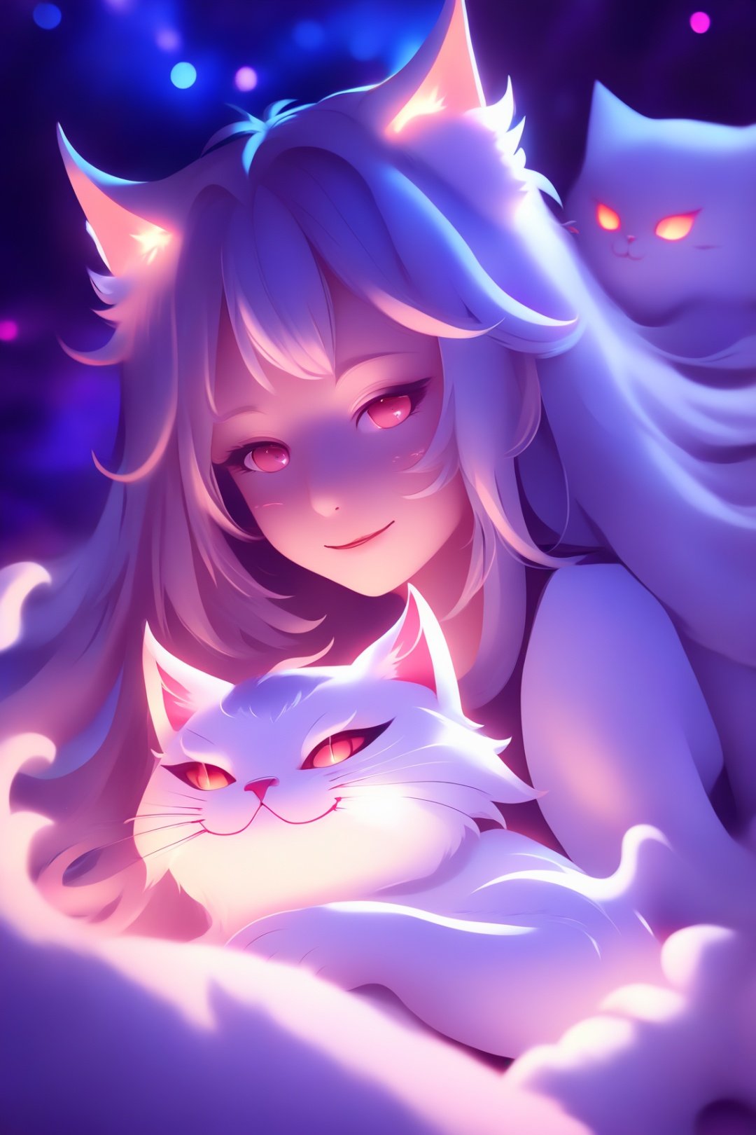 teens girl, Cat demon, (Cat ears), long whitr hair, glowing light eyes, glowing hairs,  Lazy,  