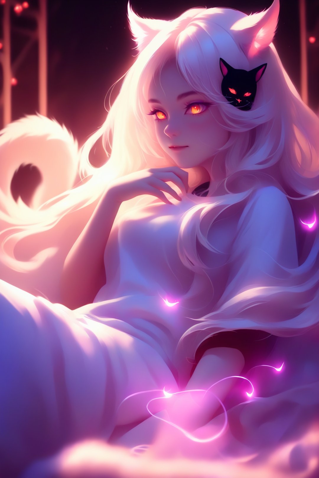 teens girl, Cat demon, (Cat ears), long whitr hair, glowing light eyes, glowing hairs,  Lazy,  