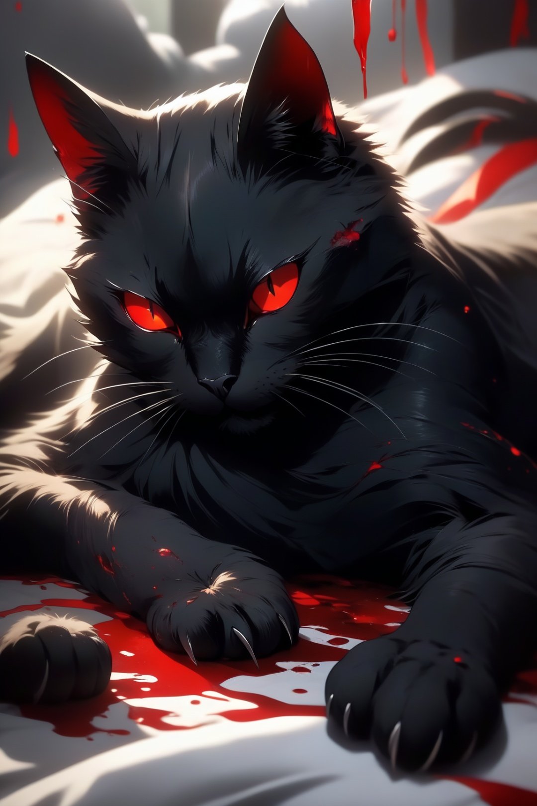 Fierce black cat,Dark red eyes,Close-up of extreme body details,White fangs,Sharp claws,Reclining on the sofa,blood-stained armor,The armor is tattered,Real scars,Full body like,Prepare for a raid