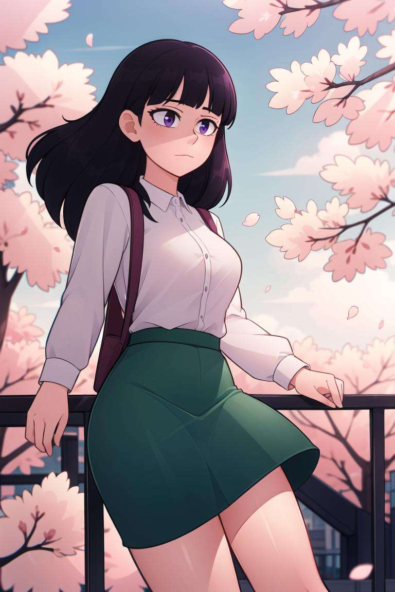 <lora:kiwi_v2_mix:0.7>,detailed_background,indoors,wide_shot,shimekake,twilight,sky,scenery,solo,bridge,chromatic_aberration,outdoors,holding_bag,falling_petals,blue_sky,bag,1girl,film_grain,white_shirt,long_sleeves,green_skirt,cherry_blossoms,absurdres,purple_eyes,blunt_bangs,highres,shirt,holding,petals,floating_hair,night,long_hair,skirt,tree,railing,closed_mouth,cat