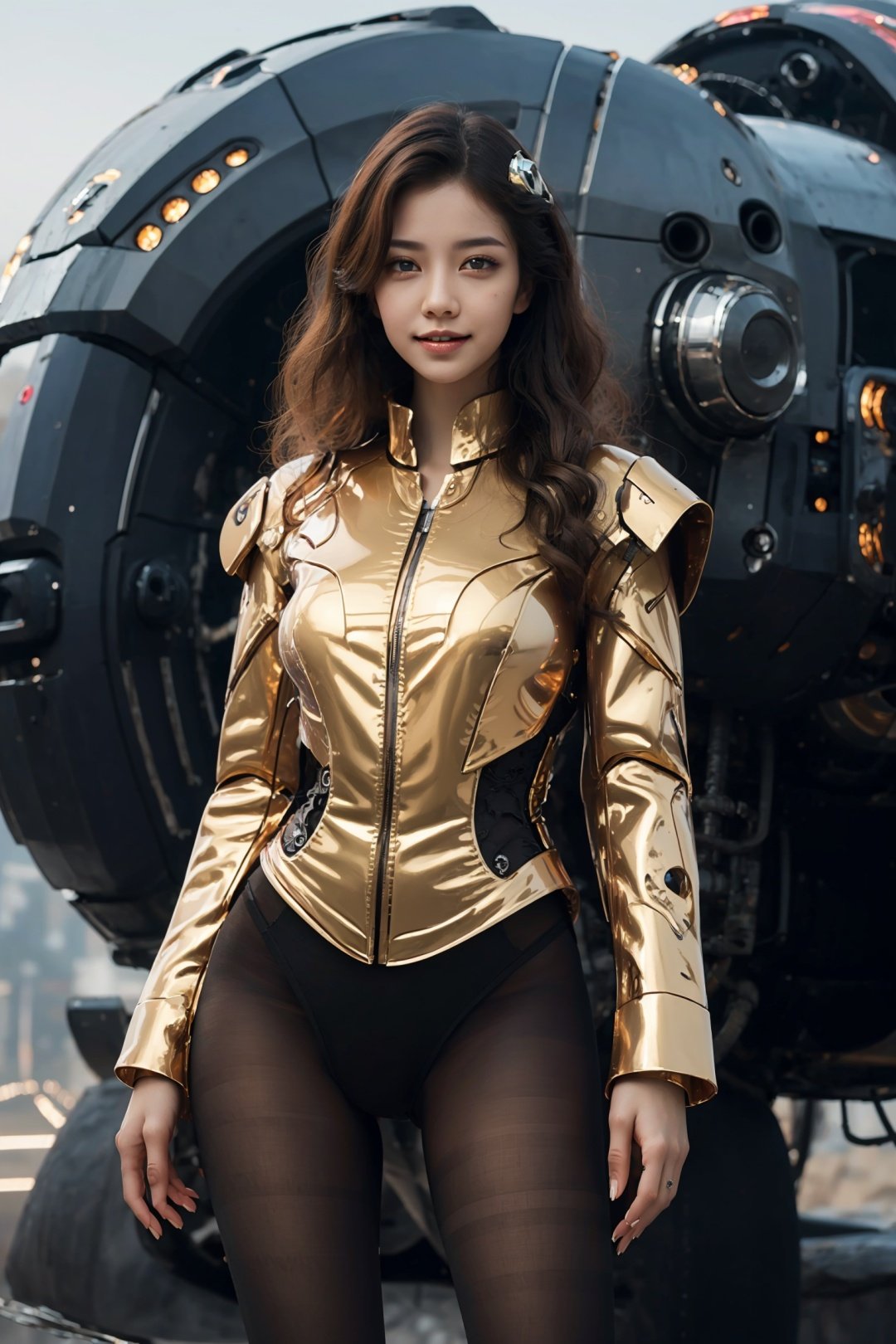  Official art, uniform 8k wallpaper, super detailed, beauty and aesthetics, beauty, masterpiece, best quality, (zentular, mandala, tangle, entangle), 18 year old woman, long blond hair, wavy hairstyle, blue eyes, medium size chest, golden skin bodysuit, chrome robot parts, luxury cyberpunk, robot, clean luxury spaceship, science fiction, still cabin, (((full body)), detailed eyes, future spaceship interior background, perfect teeth, perfect eyes, perfect hands, subtle bite of lower lip, S-curve pose, mysterious smile, (((half body photo)), black pantyhose