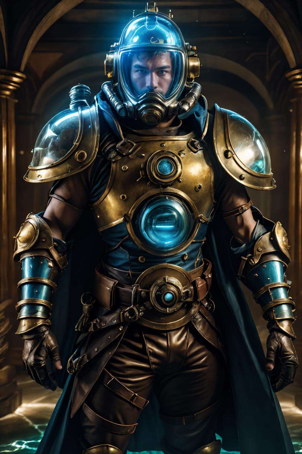 (realistic), (photorealistic), ((masterpiece)), ((best quality)), (detailed), cinematic, natural lighting, soft shadow, detailed background, photography, depth of field, intricate, detailed face, subsurface scattering, realistic eyes, muscular, manly, photo of a handsome (asian man), hydr04rmor, wearing hydropunk paladin armor, dynamic pose, tube, cable, holding shield, glass diving helmet, cross, cape, underwater,