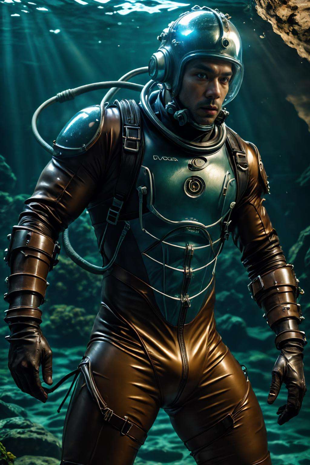 (realistic), (photorealistic), ((masterpiece)), ((best quality)), (detailed), cinematic, natural lighting, soft shadow, detailed background, photography, depth of field, intricate, detailed face, subsurface scattering, realistic eyes, muscular, manly, photo of a handsome (southeast asian man), hydr04rmor, wearing hydropunk bodysuit, dynamic movement, dynamic pose, glowing, tube, cable, underwater, diver helmet, air bubble,