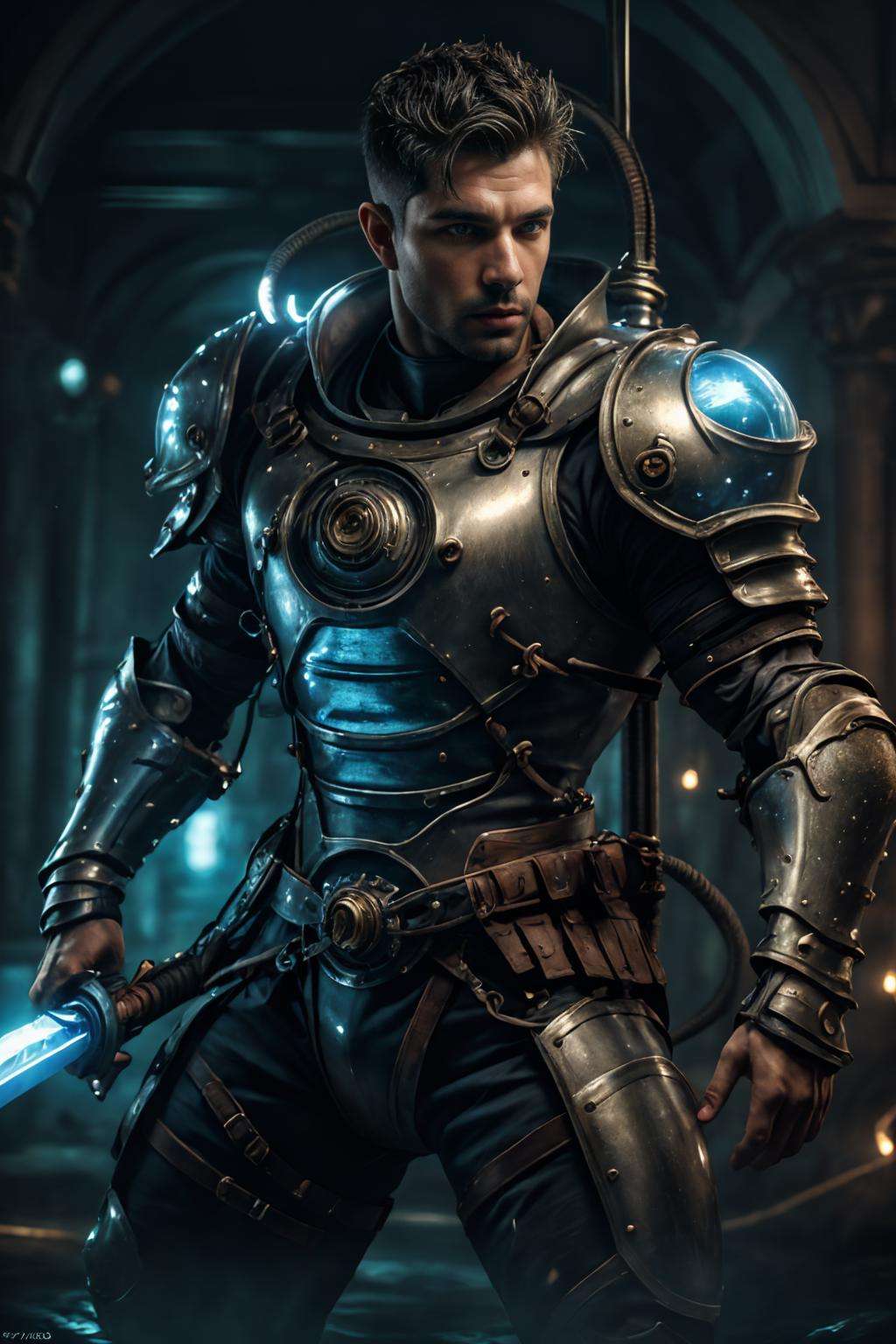 (realistic), (photorealistic), ((masterpiece)), ((best quality)), (detailed), cinematic, natural lighting, soft shadow, detailed background, photography, depth of field, intricate, detailed face, subsurface scattering, realistic eyes, muscular, manly, photo of a handsome (latino man), hydr04rmor, wearing hydropunk knight armor, dynamic pose, holding sword, tube, cable,