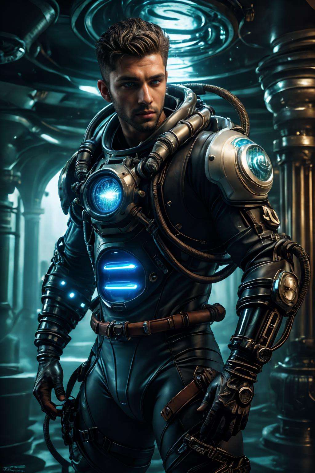 (realistic), (photorealistic), ((masterpiece)), ((best quality)), (detailed), cinematic, natural lighting, soft shadow, detailed background, photography, depth of field, intricate, detailed face, subsurface scattering, realistic eyes, muscular, manly, photo of a handsome (middle eastern man), hydr04rmor, wearing hydropunk exosuit, dynamic movement, dynamic pose, glowing, tube, cable,