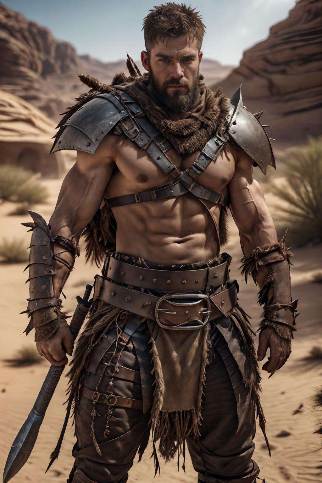 (realistic), (photorealistic), ((masterpiece)), ((best quality)), (detailed), cinematic, natural lighting, soft shadow, detailed background, photography, depth of field, intricate, detailed face, subsurface scattering, realistic eyes, muscular, manly, photo of a handsome (scottish man), des3rt4rmor, wearing desertpunk barbarian armor, holding weapon, harness, beard,