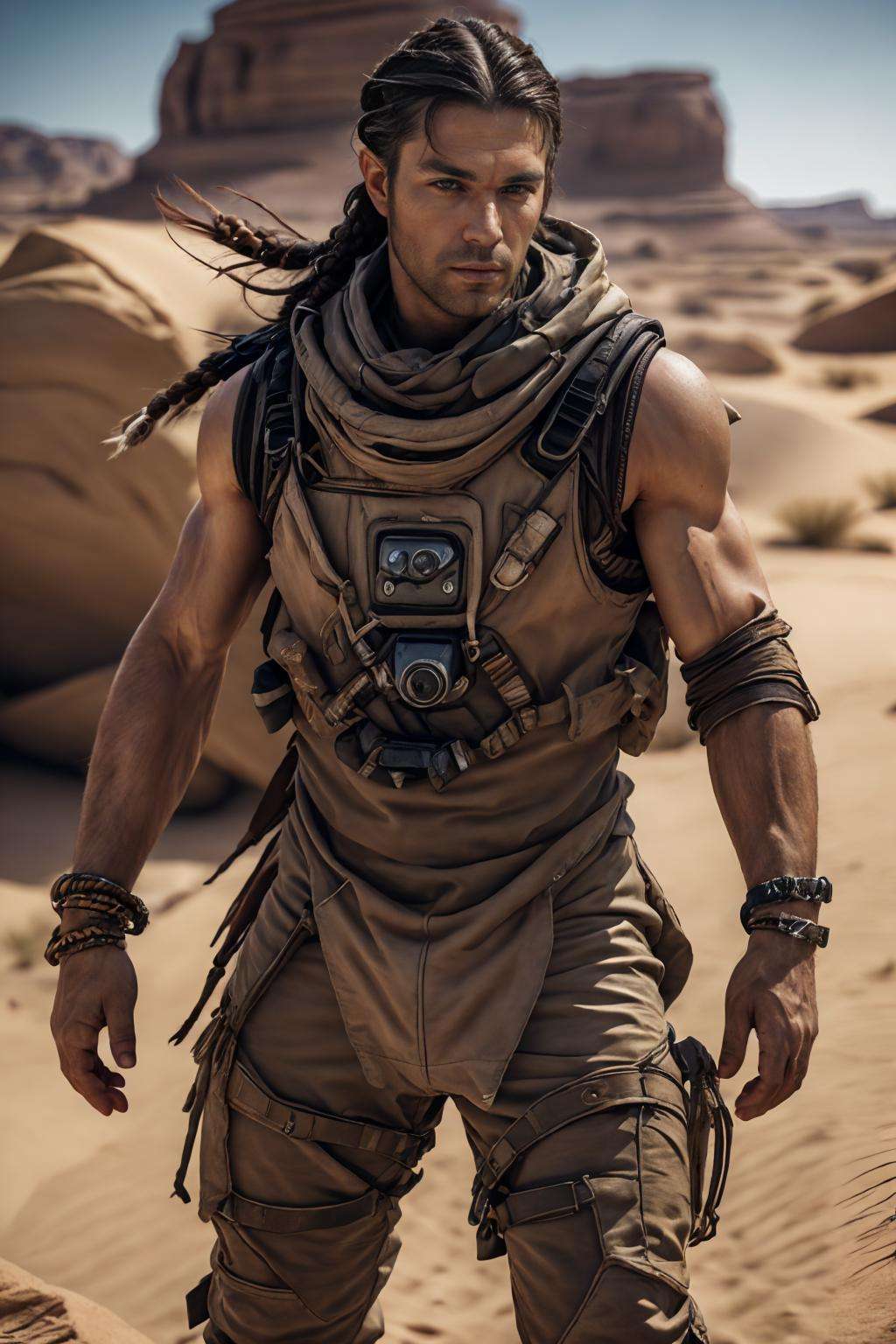 (realistic), (photorealistic), ((masterpiece)), ((best quality)), (detailed), cinematic, natural lighting, soft shadow, detailed background, photography, depth of field, intricate, detailed face, subsurface scattering, realistic eyes, muscular, manly, photo of a handsome (native american man), des3rt4rmor, wearing desertpunk exosuit, single braid,