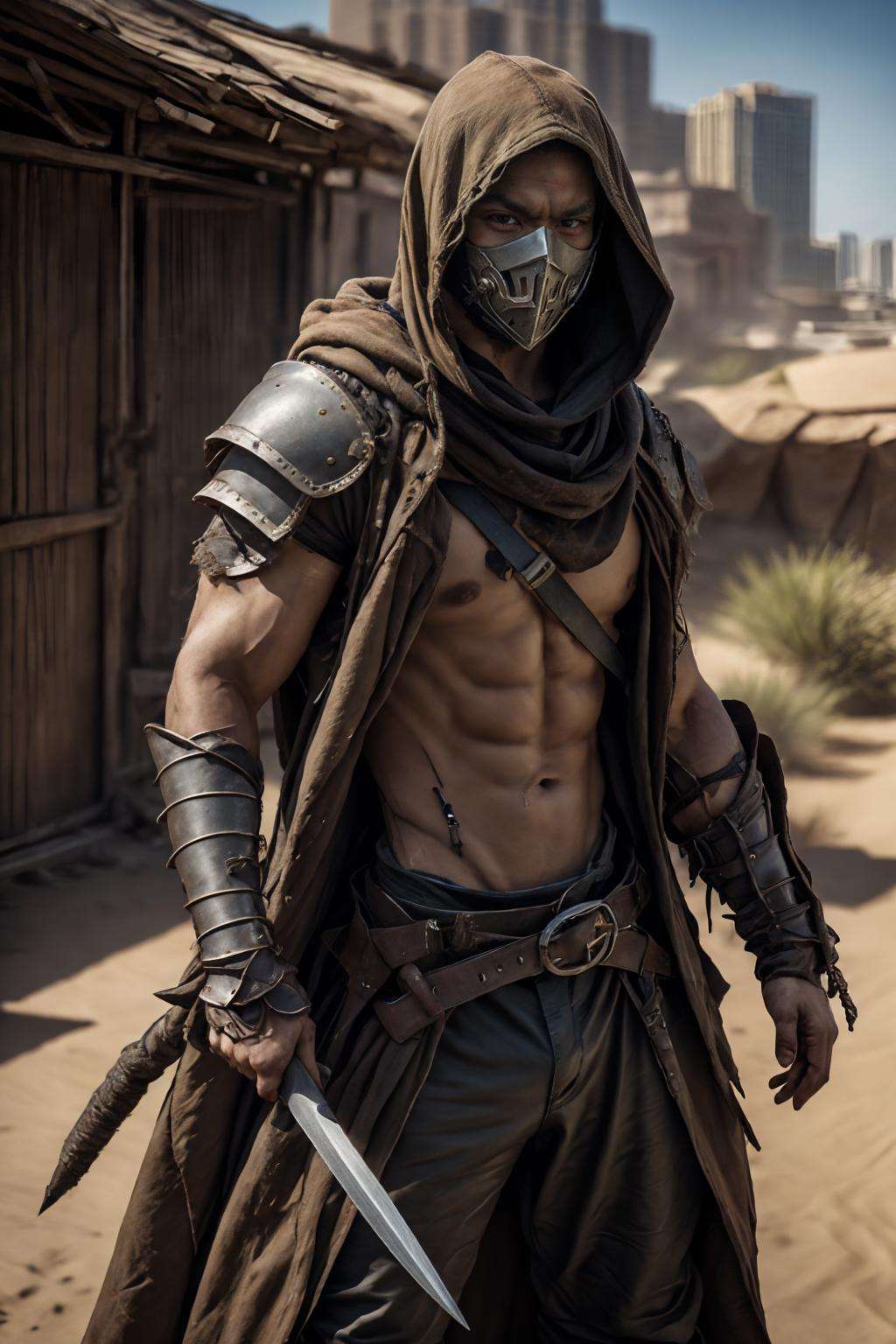 (realistic), (photorealistic), ((masterpiece)), ((best quality)), (detailed), cinematic, natural lighting, soft shadow, detailed background, photography, depth of field, intricate, detailed face, subsurface scattering, realistic eyes, muscular, manly, photo of a handsome (southeast asian man), des3rt4rmor, wearing desertpunk rogue armor, holding dagger, cloak, hood, city, mask