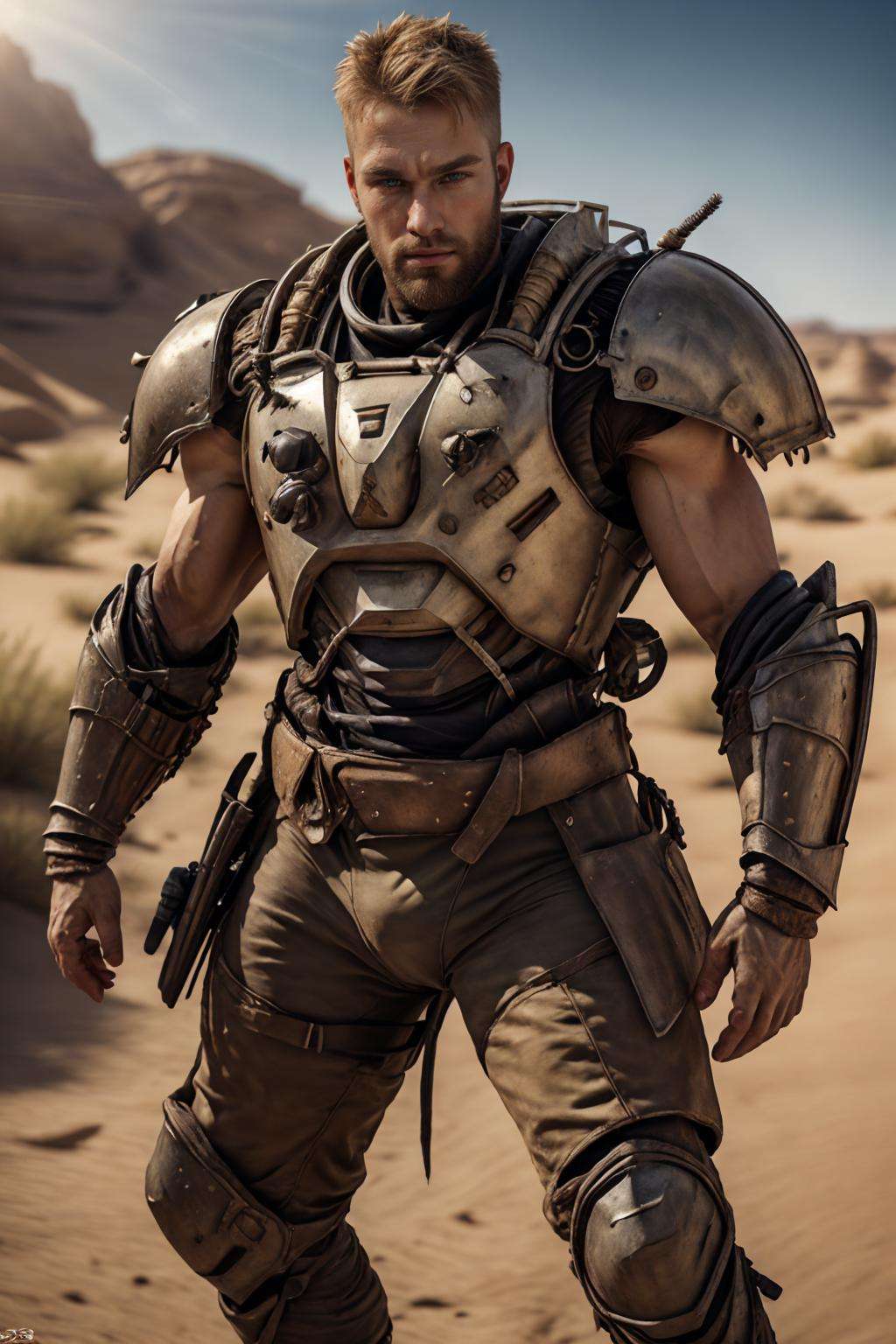 (realistic), (photorealistic), ((masterpiece)), ((best quality)), (detailed), cinematic, natural lighting, soft shadow, detailed background, photography, depth of field, intricate, detailed face, subsurface scattering, realistic eyes, muscular, manly, photo of a handsome (american man), des3rt4rmor, wearing desertpunk power armor, blonde hair, beard, dynamic pose,