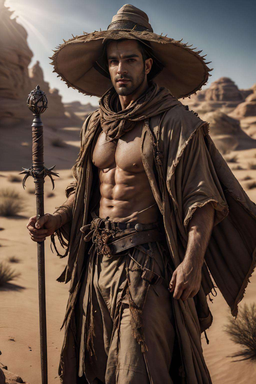 (realistic), (photorealistic), ((masterpiece)), ((best quality)), (detailed), cinematic, natural lighting, soft shadow, detailed background, photography, depth of field, intricate, detailed face, subsurface scattering, realistic eyes, muscular, manly, photo of a handsome (turkish man), des3rt4rmor, wearing desertpunk wizard robe, holding staff, wizard hat,