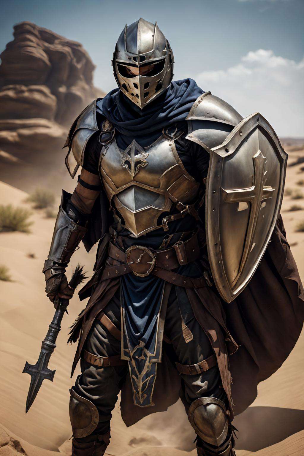 (realistic), (photorealistic), ((masterpiece)), ((best quality)), (detailed), cinematic, natural lighting, soft shadow, detailed background, photography, depth of field, intricate, detailed face, subsurface scattering, realistic eyes, muscular, manly, photo of a handsome (italian man), des3rt4rmor, wearing desertpunk paladin armor, holding shield, cross, cape, helmet,
