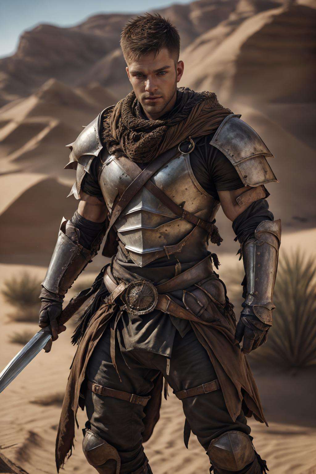 (realistic), (photorealistic), ((masterpiece)), ((best quality)), (detailed), cinematic, natural lighting, soft shadow, detailed background, photography, depth of field, intricate, detailed face, subsurface scattering, realistic eyes, muscular, manly, photo of a handsome (russian man), des3rt4rmor, wearing desertpunk knight armor, holding sword,