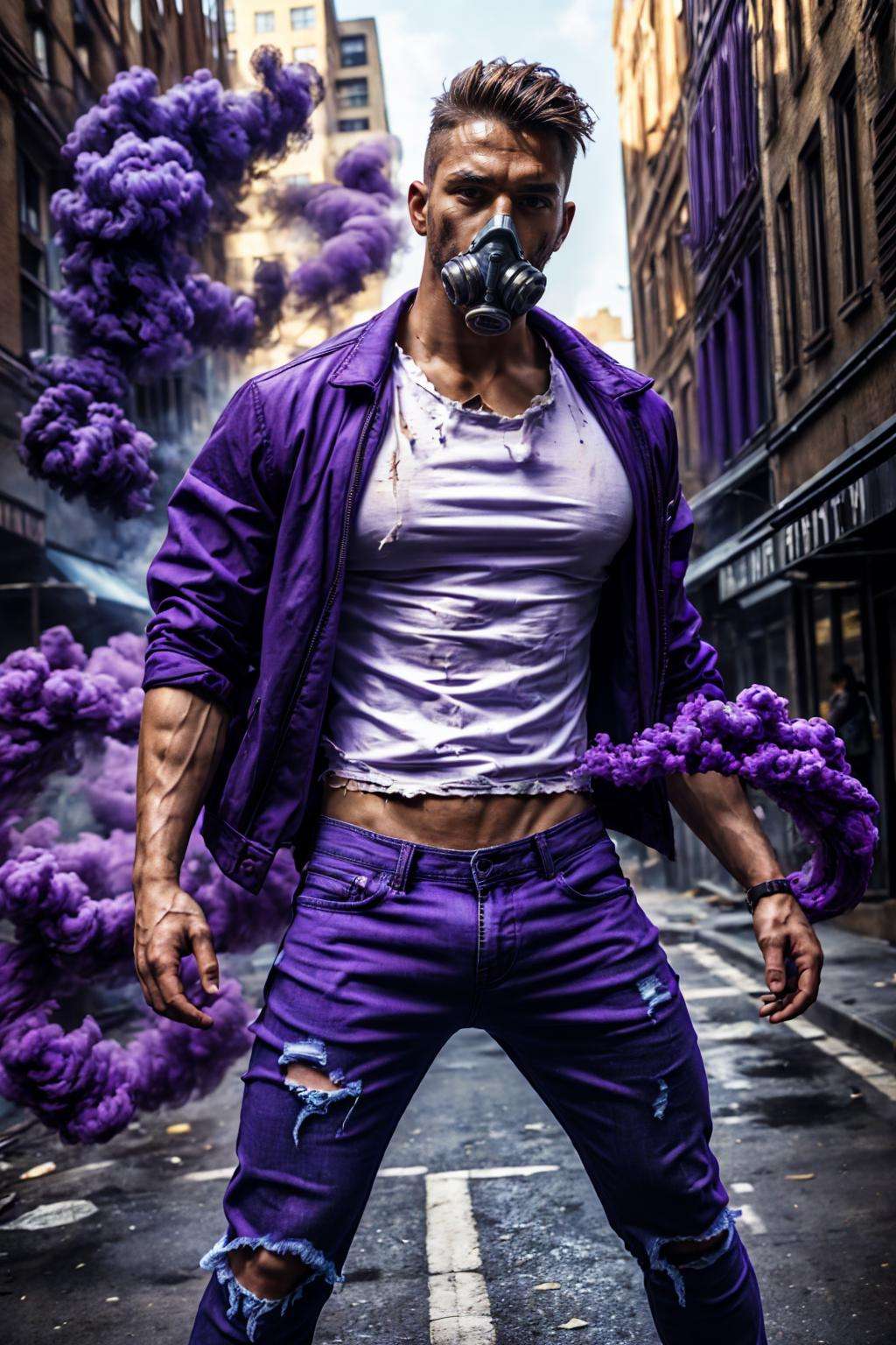 realistic, ((masterpiece)), ((best quality)), (detailed), cinematic, dynamic lighting, soft shadow, detailed background, professional photography, depth of field, intricate, detailed face, subsurface scattering, realistic hair, realistic eyes, muscular, manly, photo of a handsome man, purple-smoke, swirling smoke everywhere, dynamic pose, fighting stance, punk jacket, torn clothes, t-shirt, ripped jeans, gas mask, messy hair, outdoors, urban, city, street, post-apocalypse,