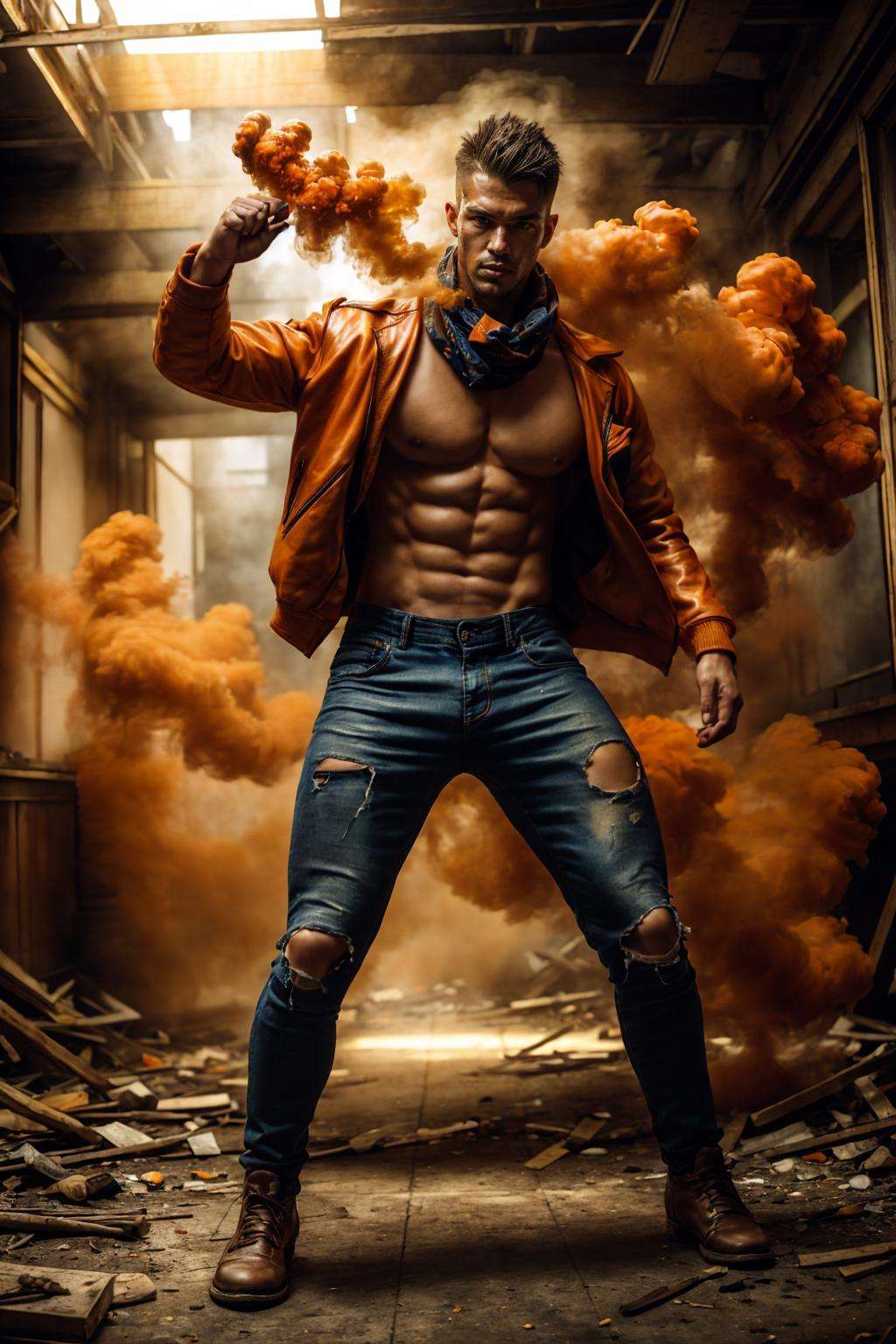 realistic, ((masterpiece)), ((best quality)), (detailed), cinematic, dynamic lighting, soft shadow, detailed background, professional photography, depth of field, intricate, detailed face, subsurface scattering, realistic hair, realistic eyes, muscular, manly, photo of a handsome japanese man, orange-smoke, (smoke around man), dynamic pose, fighting stance, torn clothes, bandana over mouth, leather jacket, ripped pants, messy hair, indoors, post-apocalypse, abandoned building, full body,