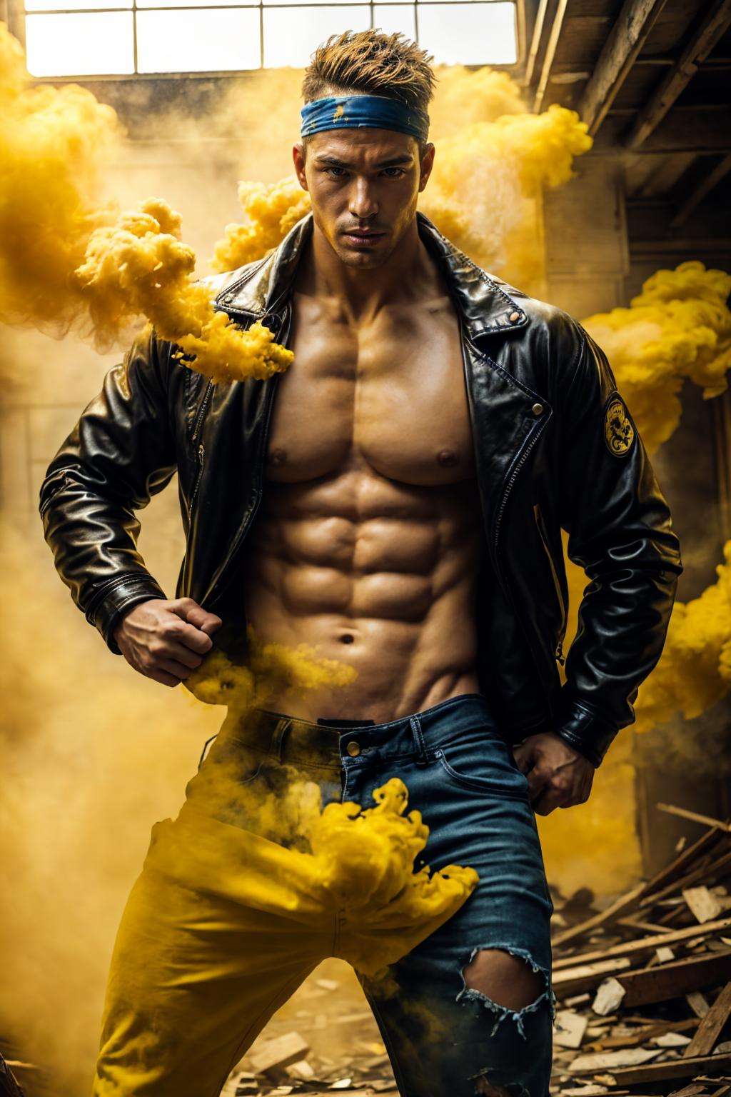 realistic, ((masterpiece)), ((best quality)), (detailed), cinematic, dynamic lighting, soft shadow, detailed background, professional photography, depth of field, intricate, detailed face, subsurface scattering, realistic hair, realistic eyes, muscular, manly, photo of a handsome japanese man, yellow-smoke, (smoke around man), dynamic pose, fighting stance, torn clothes, bandana over mouth, leather jacket, ripped pants, messy hair, indoors, post-apocalypse, abandoned building,