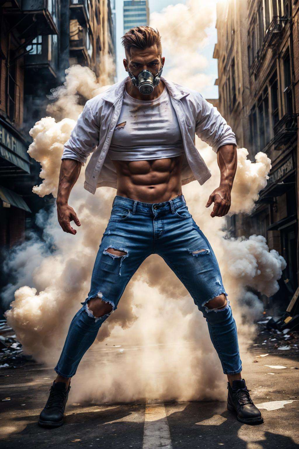 realistic, ((masterpiece)), ((best quality)), (detailed), cinematic, dynamic lighting, soft shadow, detailed background, professional photography, depth of field, intricate, detailed face, subsurface scattering, realistic hair, realistic eyes, muscular, manly, photo of a handsome man, white-smoke,  swirling smoke everywhere, dynamic pose, fighting stance, dynamic angle, punk jacket, torn clothes, t-shirt, ripped jeans, gas mask, messy hair, outdoors, urban, city, street, post-apocalypse, full body,