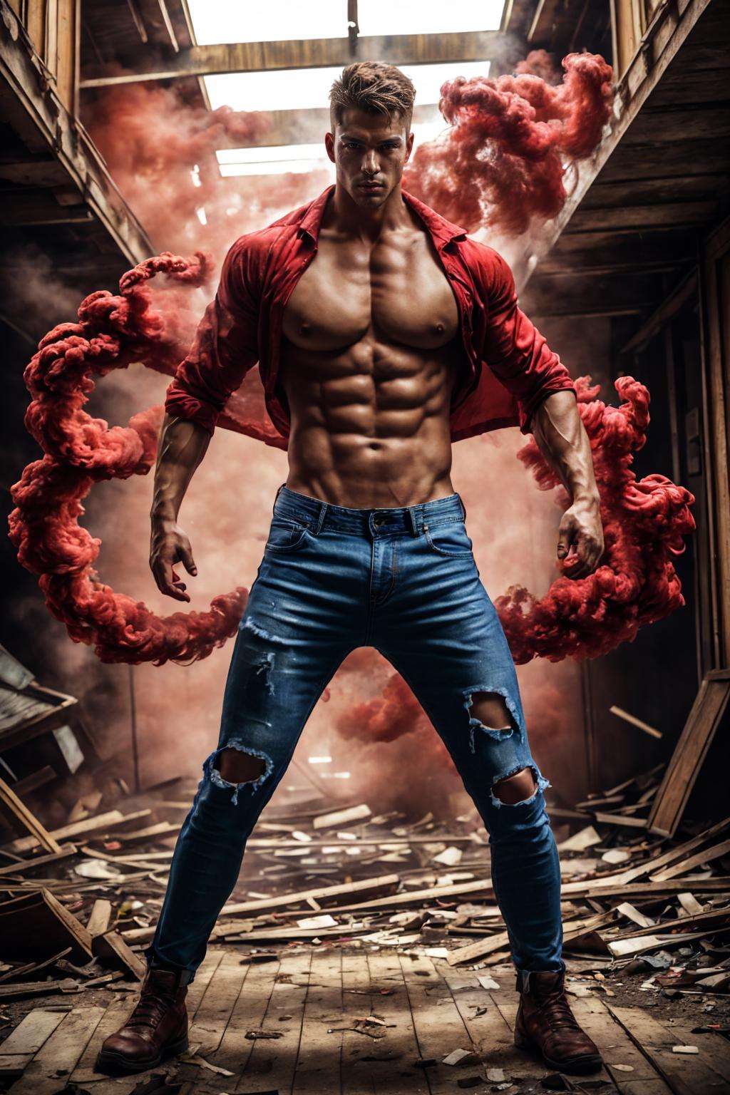 realistic, ((masterpiece)), ((best quality)), (detailed), cinematic, dynamic lighting, soft shadow, detailed background, professional photography, depth of field, intricate, detailed face, subsurface scattering, realistic hair, realistic eyes, muscular, manly, photo of a handsome japanese man, red-smoke, (smoke around man), dynamic pose, fighting stance, torn clothes, (open shirt), ripped jeans, messy hair, indoors, post-apocalypse, abandoned building, full body,