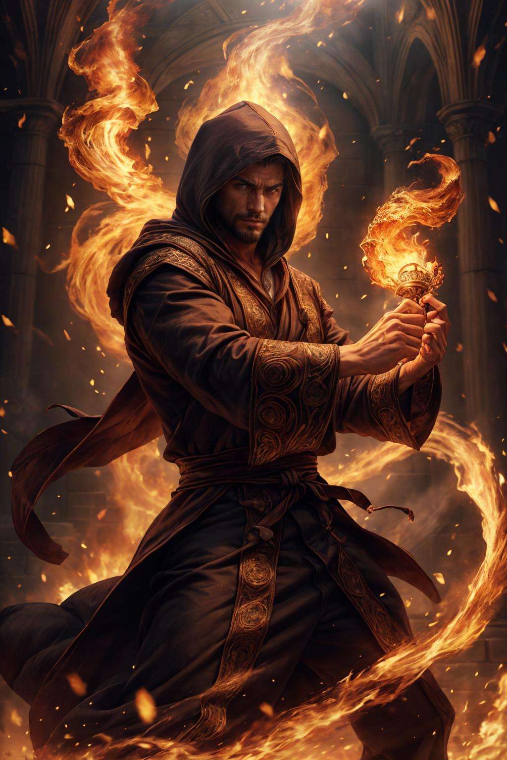 realistic, ((masterpiece)), ((best quality)), (detailed), cinematic, dynamic lighting, soft shadow, detailed background, professional photography, depth of field, intricate, detailed face, subsurface scattering, realistic hair, realistic eyes, muscular, manly, photo of a handsome man, pyromancer, dynamic pose, fighting stance, fire, wizard robe, hood, (40 years old), beard, cowboy shot,