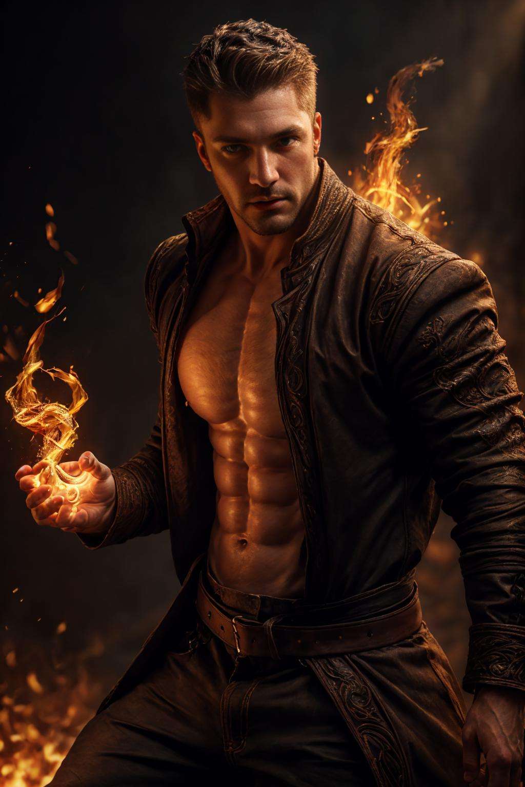 realistic, ((masterpiece)), ((best quality)), (detailed), cinematic, dynamic lighting, soft shadow, detailed background, professional photography, depth of field, intricate, detailed face, subsurface scattering, realistic hair, realistic eyes, muscular, manly, photo of a handsome man, pyromancer,