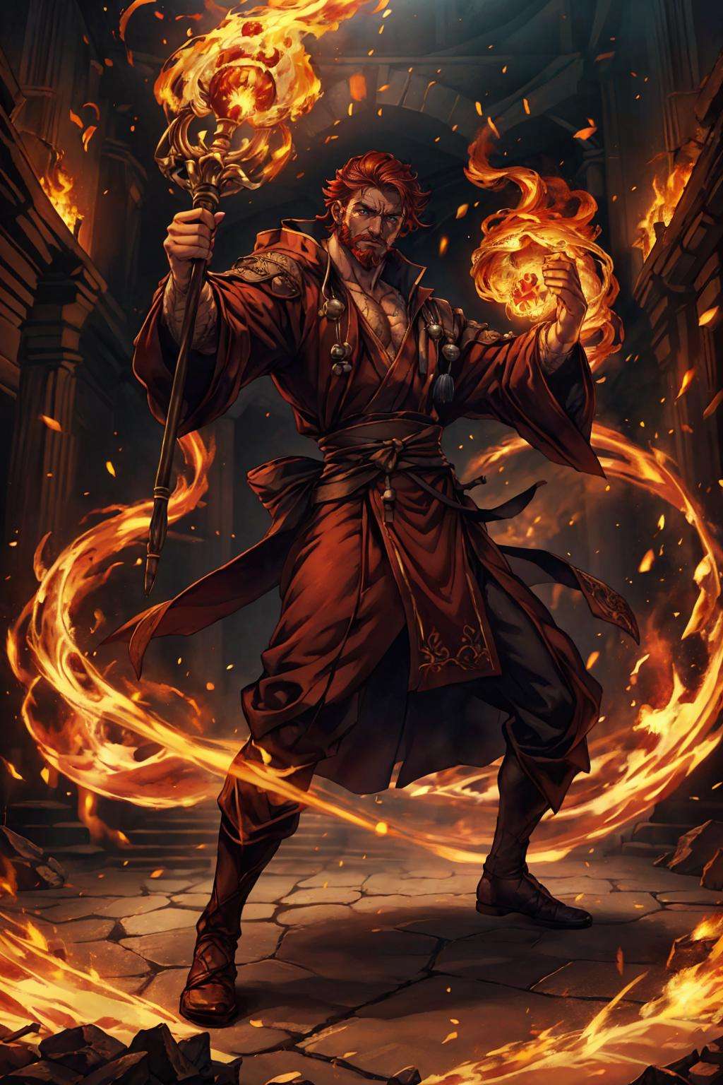 realistic, ((masterpiece)), ((best quality)), (detailed), cinematic, dynamic lighting, soft shadow, detailed background, professional photography, depth of field, intricate, detailed face, subsurface scattering, realistic hair, realistic eyes, muscular, manly, photo of a handsome man, pyromancer, dynamic pose, fighting stance, fire, wizard robe, beard, holding staff, red hair,