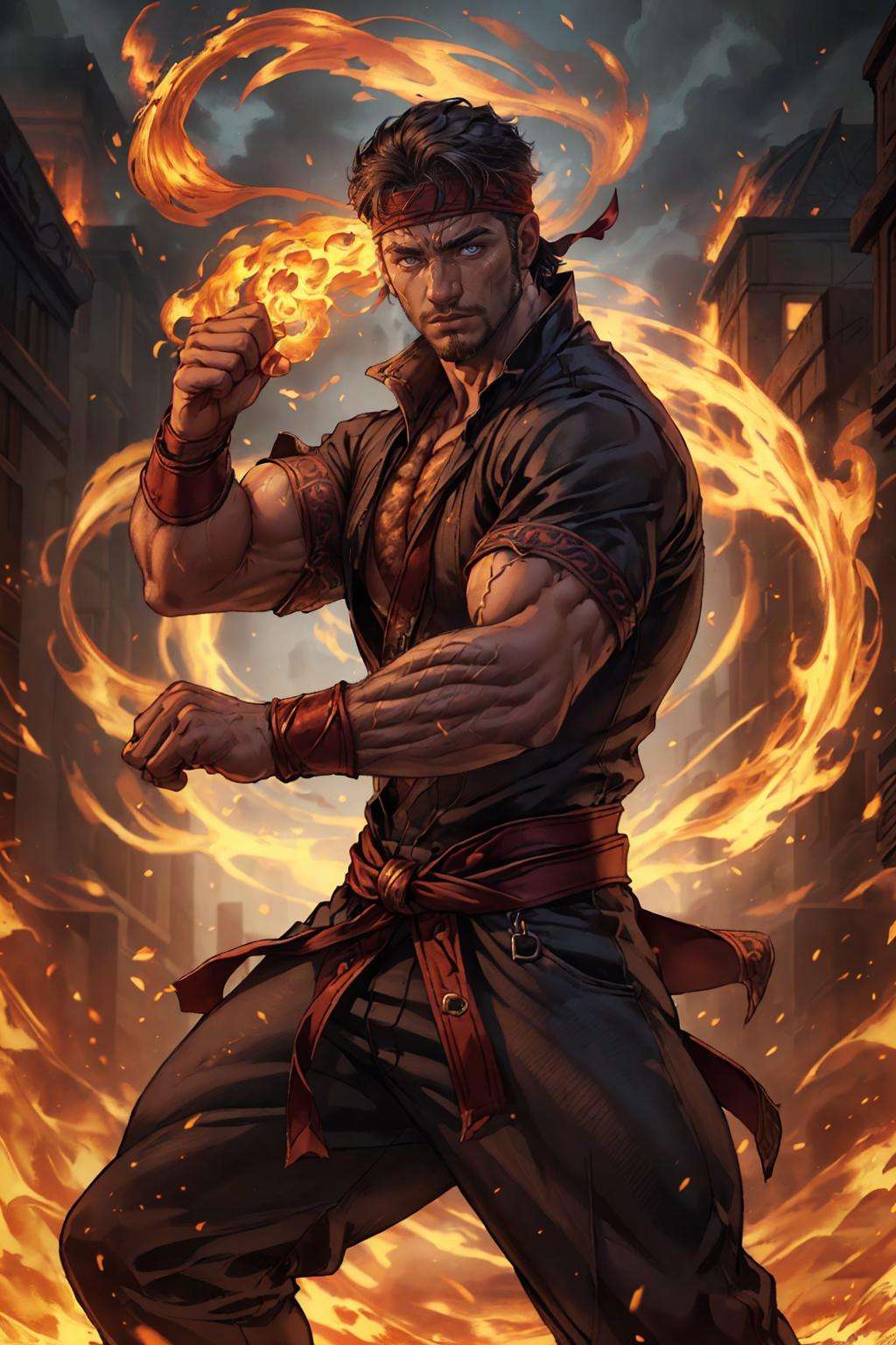 realistic, ((masterpiece)), ((best quality)), (detailed), cinematic, dynamic lighting, soft shadow, detailed background, professional photography, depth of field, intricate, detailed face, subsurface scattering, realistic hair, realistic eyes, muscular, manly, photo of a handsome man, pyromancer, dynamic pose, fighting stance, fire, headband, pants, stubble, outdoors,