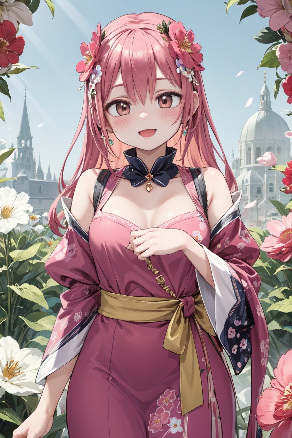 
(best quality:1.2), (hyper detailed),

Style - Lovely and Cute
Background - The character is set against a backdrop of a charming flower garden, with various shades of pink blossoms creating a vibrant and cheerful atmosphere.
Subject - The character, adorned in pink and surrounded by flowers, emanates a lovable and endearing aura that instantly captivates anyone who sees them.
View - The camera captures the character up close, allowing viewers to admire every detail of their appearance and appreciate the beauty of the flowers around them.
Appearance - The character's appearance is a perfect blend of loveliness and cuteness, with rosy cheeks, a sweet smile, and twinkling eyes that reflect their joyful spirit.
Outfit - The character wears an adorable pink outfit adorned with floral patterns, reflecting their affinity for all things cute and flowery.
Pose - The character strikes a playful and cheerful pose, perhaps holding a flower or twirling among the blooms, radiating a carefree and joyful vibe.
Details - Delicate flower accessories, such as a flower crown or a floral hairpin, adorn the character's hair, adding to their overall lovely appearance.
Effects - The sun's gentle rays create a soft and warm glow, making the character's features and the colorful flowers around them shine brightly.
Description - This portrayal depicts a character in their element, surrounded by the enchanting beauty of a flower garden. The background features various shades of pink blossoms that infuse the scene with a vibrant and cheerful ambiance. At the center of attention is the character, whose appearance radiates loveliness and cuteness. Their rosy cheeks, sweet smile, and twinkling eyes mirror their joyful spirit, making them utterly endearing. The character's outfit, adorned with floral patterns, harmonizes perfectly with the surroundings, showcasing their fondness for all things cute and flowery. The character strikes a playful pose, capturing the essence of their carefree and cheerful nature. Perhaps they're holding a flower or twirling among the blooms, exuding a sense of joy that's contagious to anyone who gazes upon them. Delicate flower accessories, such as a flower crown or a floral hairpin, enhance the character's appearance, adding an extra touch of charm. The effects of the sunlight cast a soft and warm glow, enhancing the character's features and making the colorful flowers around them shine brightly. In summary, this portrayal presents a character who embodies loveliness and cuteness, set amidst a charming flower garden that mirrors their joyful and vibrant personality. The scene invites viewers to share in the character's happiness and embrace the beauty of the moment.